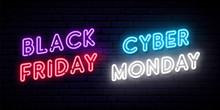 Set Of Black Friday And Cyber Monday Neon Designs. Concept Vector Template For Promo And Discount Advertising. Web And Social Media Banner.