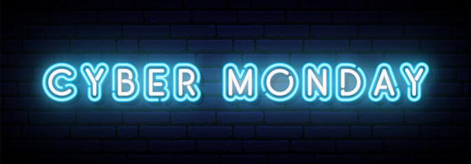 Wall Mural - Neon Cyber Monday Banner. Neon lights Cyber Monday Text on the dark Background with brick texture. White and Blue neon colors. Vector illustration.