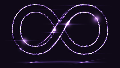 Wall Mural - Infinity symbol with glow and glitter in violet color on dark background. Vector illustration. Shining eternity sign.