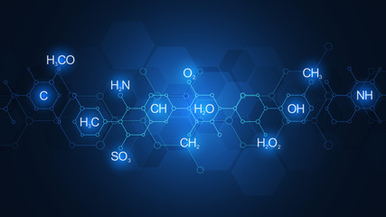 Abstract chemistry pattern on dark blue background with chemical formulas and molecular structures. Template design with concept and idea for science and innovation technology.