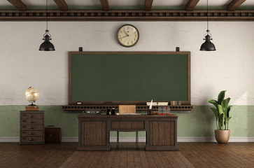 Wall Mural - Retro style empty classroom with blackboard and desk teacher's desk