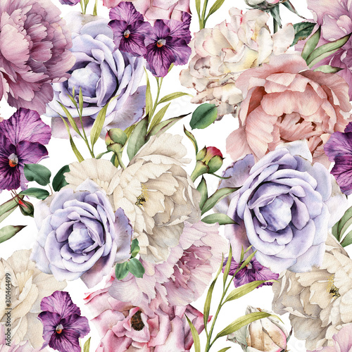 Naklejka - mata magnetyczna na lodówkę Seamless floral pattern with flowers, watercolor. Template design for textiles, interior, clothes, wallpaper. Botanical art