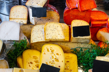 Various Holland cheese on in diary production market.