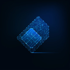 Futuristic glowing low polygonal sim card made of lines, light particles on dark blue background.