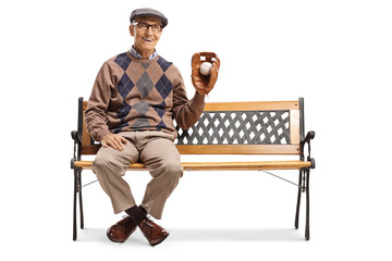 Sticker - Senior man with a baseball glove sitting on a bench