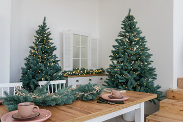 Stylish white kitchen in decor, Scandinavian trendy style. An eco-friendly wooden table, ceramic pink dishes, a Christmas tree branch with a gilanda of lights. Copy space. New year template, card web 