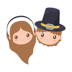 Poster - couple of pilgrims, thanksgiving on white background