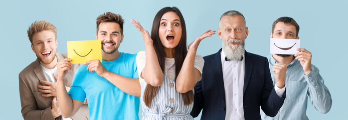 Sticker - Different happy people on color background