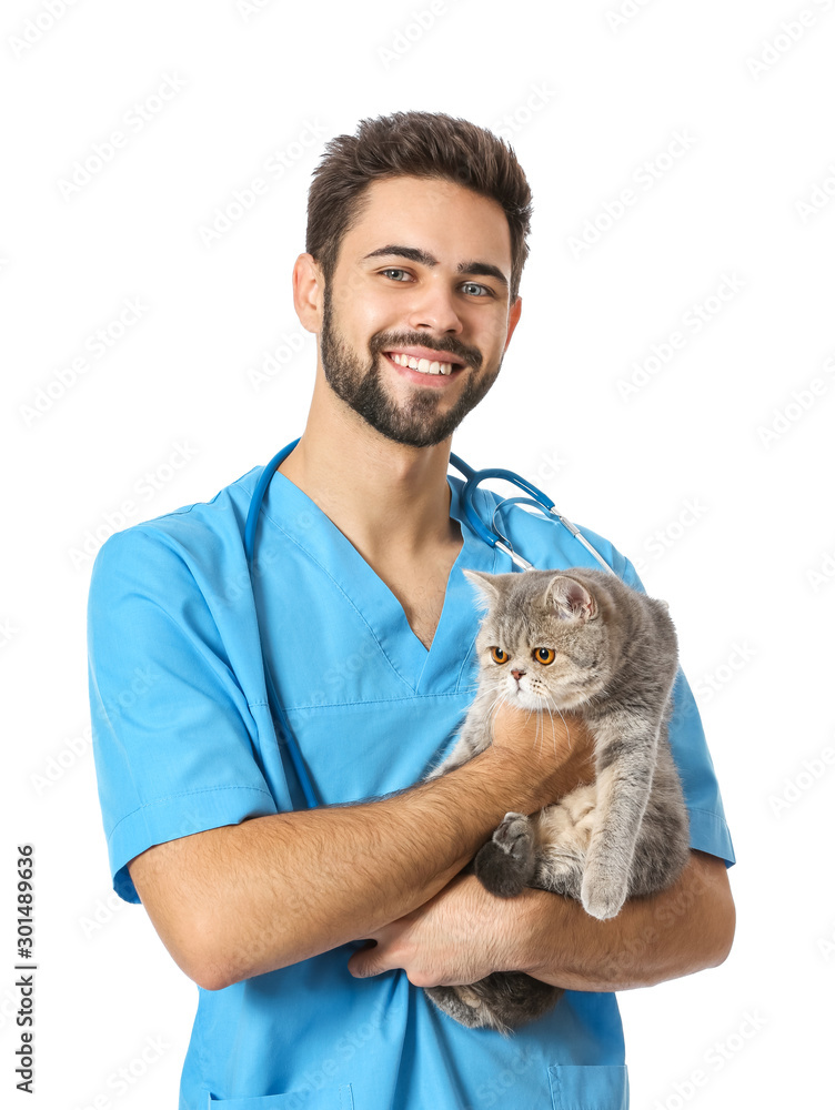 Veterinarian with cute cat on white background