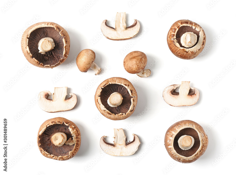 Fresh champignon mushrooms on white background