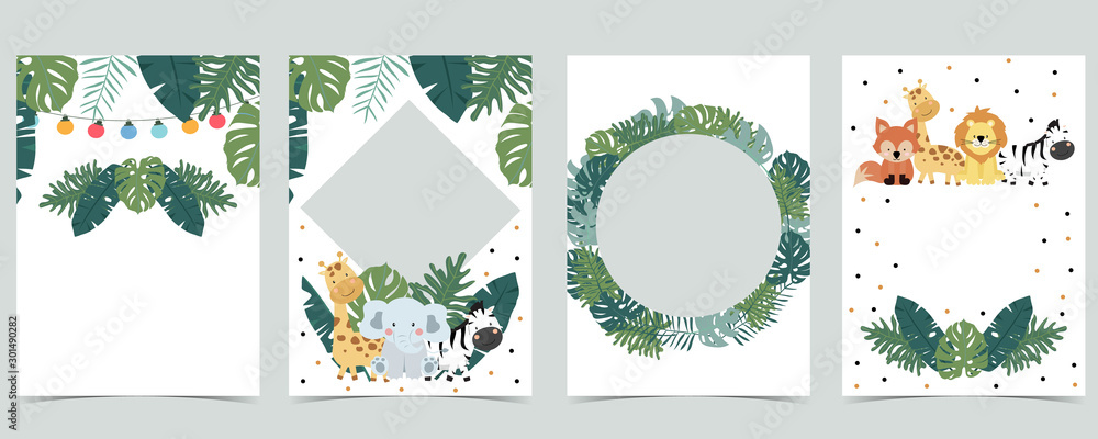 Green animal collection of safari empty frame set with lion,giraffe.Vector illustration for birthday invitation,postcard,logo and sticker - obrazy, fototapety, plakaty 