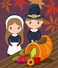 Poster - couple of pilgrims with autumn leaves