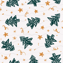 Scandinavian seamless pattern of hand drawn Christmas tree and confetti.  Design for textile, wrapping paper, wallpaper.