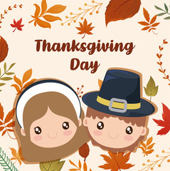 Poster - couple of pilgrims with label thanksgiving day