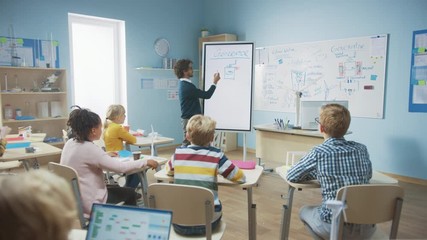 Wall Mural - Elementary School Physics Teacher Uses Interactive Digital Whiteboard to Show to a Classroom full of Smart Diverse Children how Generator Works. Science Class with Curious Kids Listening Attentively