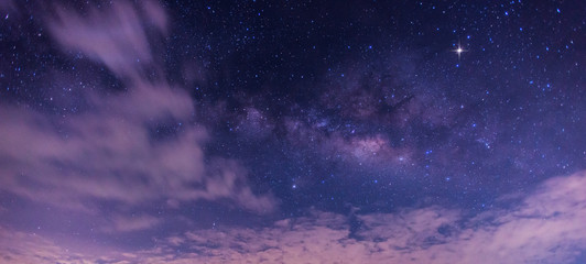 Panorama blue night sky milky way and star on dark background.Universe filled , nebula and galaxy with noise and grain.Photo by long exposure and select white balance.Dark night sky.