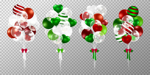 Christmas balloons on transparent background. Realistic glossy red and green balloons vector illustration. Party balloons decorations christmas, wedding, birthday, celebration and anniversary card des