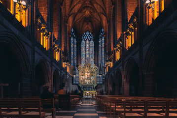 liverpool, england, december 27, 2018: the lady chapel in liverpool anglican cathedral. perspective 