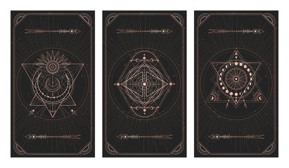 Poster - Vector set of three dark backgrounds with sacred symbols, grunge textures and frames. Illustration in black and gold colors.