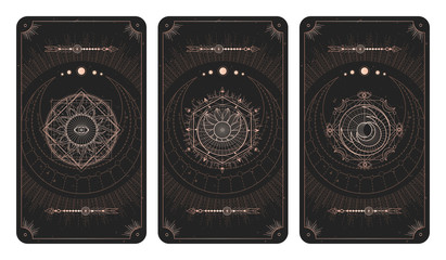 Wall Mural - Vector set of three dark backgrounds with sacred symbols, grunge textures and frames. Illustration in black and gold colors.