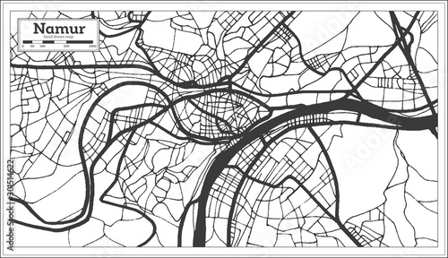 Fotografía Namur Belgium City Map in Black and White Color. Outline Map.