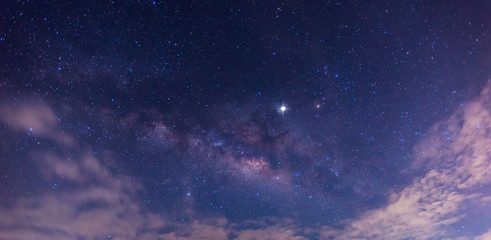 Wall Mural - panorama blue night sky milky way and star on dark background.universe galaxy with noise and grain.p