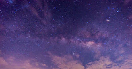 Wall Mural - panorama blue night sky milky way and star on dark background.universe galaxy with noise and grain.p