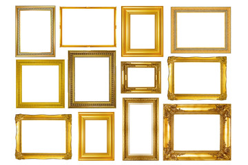 collection of vintage gold picture frame isolated on white