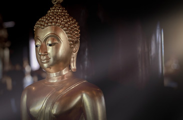 Selective focus  close-up shots of Buddha statues that are used as amulets of Buddhism