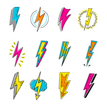 Lightnings Color Cartoon Retro Vector Illustrations Set