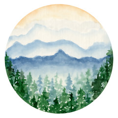 Wall Mural - watercolor landscape with pine and fir trees and mountains abstract nature background