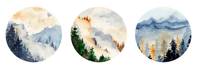 Wall Mural - watercolor landscape with pine and fir trees and mountains abstract nature background