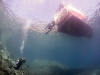  underwater landscape with diver and bottom of the boat