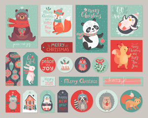 Poster - Christmas cards and gift tags set with cute animals. Woodland characters hand drawn style.