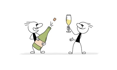 Wall Mural - Doodle stick figure: men with bottle of champagne and wine glass.