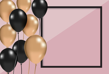 Party invitation template, Gold and black balloons on pink background, Vector Illustration