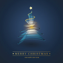 Dark Blue And Golden Merry Christmas, Happy Holidays Card - Golden Christmas Tree Shape Made From Dark Ribbon