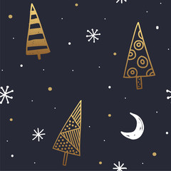 Wall Mural - seamless christmas pattern with golden decorative trees and white snowflakes on dark background. new