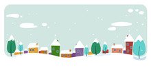 Cute Houses Snowy Town On Winter Background Merry Christmas Happy New Year Holiday Celebration Concept Greeting Card Horizontal Vector Illustration