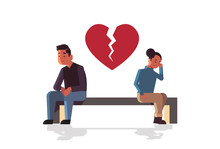 Unhappy Sad Couple In Depression Having Relationship Problem Life Crisis Break Up Divorce Concept Man Woman With Broken Heart Sitting Wooden Bench Flat Full Length Horizontal Vector Illustration