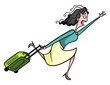 © BasjanB - Cartoon style illustration of a woman tourist in a hurry, running with her suitcase to catch a train or flight.