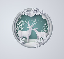 Deer In Forest With Snow In The Winter Season And Christmas.vector Paper Art Style.