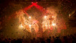 © unikyluckk - Cheering happy joyful crowd with raised hands, falling confetti at concert,music festival. Abstract Background of Party Concert.Crowd happy and joyful in club.Blur image of concert,Celebration party.