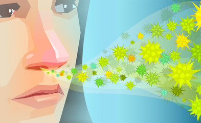 Vector of a woman inhaling pollen, dust hay fever allergens