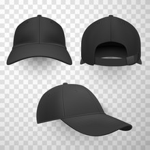 Black Baseball Caps Realistic Vector Illustrations Set