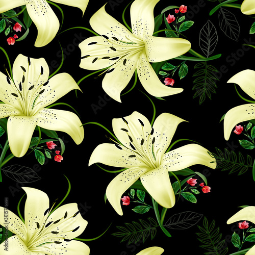 flower print lily with leave seamless pattern design