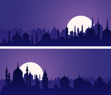 Fototapeta  - Horizontal banners of eastern city with minarets and domes at night.