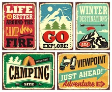 Hiking And Camping Retro Signs Collection. Outdoor Activities Vintage Posters Set. Wilderness And Adventures Vector Illustration.