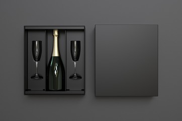 Champagne bottle and flute glass Gift Box for branding and mock up. 3d render illustration.