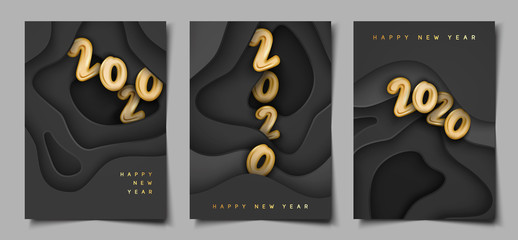 Wall Mural - Set of 3d elegant black and gold 2020 cover template eps10 vector, happy new year, greeting, celebration banner card